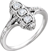 14K Gold Round Natural Diamond Vintage-Inspired Three-Stone Ring - White Gold