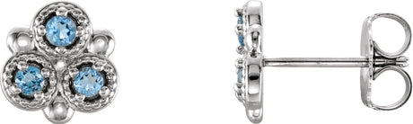 14K Gold Round Natural Aquamarine Three-Stone Earrings - White Gold