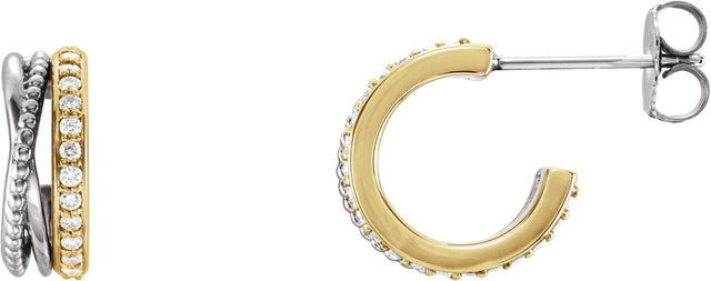 14K Gold Round Natural Diamond Beaded Hoop Earrings - Two-Tone