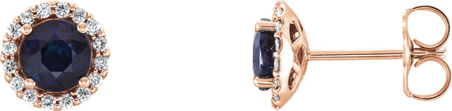 14K Gold Natural Blue Sapphire Round 4-Prong Halo-Style Earrings – 3-6mm Stones - Rose Gold