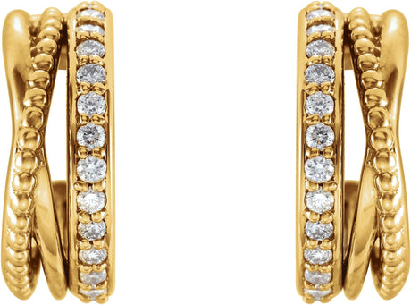 14K Gold Round Natural Diamond Beaded Hoop Earrings - Yellow Gold