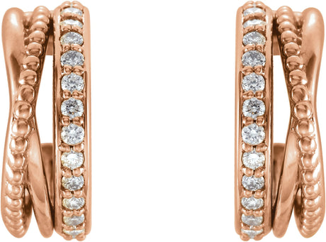 14K Gold Round Natural Diamond Beaded Hoop Earrings - Rose Gold