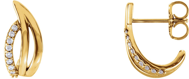 14K Gold Round Natural Diamond Freeform J-Hoop Earrings - Yellow Gold