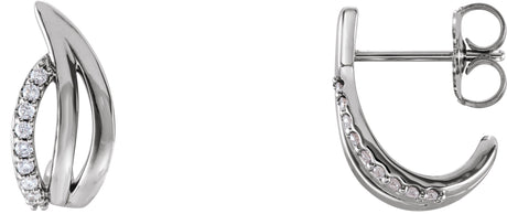 14K Gold Round Natural Diamond Freeform J-Hoop Earrings - White Gold