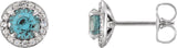 14K Gold Natural Aquamarine Round 4-Prong Halo-Style Earrings – 3.5-5mm Stones - White Gold