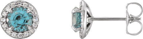 14K Gold Natural Aquamarine Round 4-Prong Halo-Style Earrings – 3.5-5mm Stones - White Gold