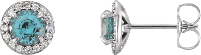 14K Gold Natural Aquamarine Round 4-Prong Halo-Style Earrings – 3.5-5mm Stones - White Gold