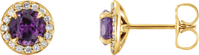 14K Gold Lab-Grown Alexandrite Round 4-Prong Halo-Style Earrings – 3.5-5mm Stones - Yellow Gold