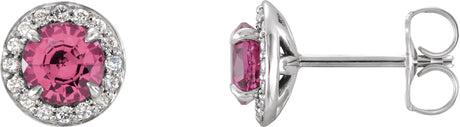 14K Gold Natural Pink Tourmaline Round 4-Prong Halo-Style Earrings – 3.5-5mm Stones - White Gold