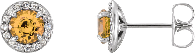 14K Gold Natural Citrine Round 4-Prong Halo-Style Earrings – 3.5-5mm Stones - White Gold