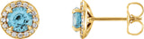 14K Gold Natural Blue Zircon Round 4-Prong Halo-Style Earrings – 3.5-5mm Stones - Yellow Gold