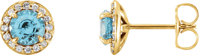 14K Gold Natural Blue Zircon Round 4-Prong Halo-Style Earrings – 3.5-5mm Stones - Yellow Gold