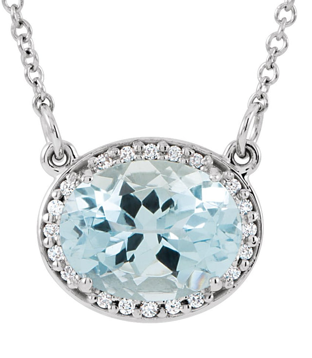 14K Gold Oval Natural Blue Zircon Halo-Style Necklace