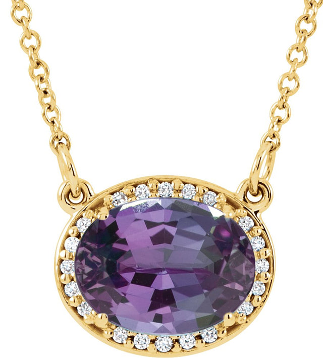 14K Gold Oval Lab-Grown Alexandrite Halo-Style Necklace - Yellow Gold