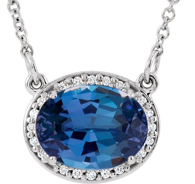 14K Gold Oval Lab-Grown Blue Sapphire Halo-Style Necklace - White Gold