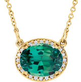 14K Gold Oval Lab-Grown Emerald Halo-Style Necklace - Yellow Gold