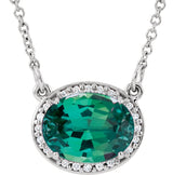 14K Gold Oval Lab-Grown Emerald Halo-Style Necklace - White Gold