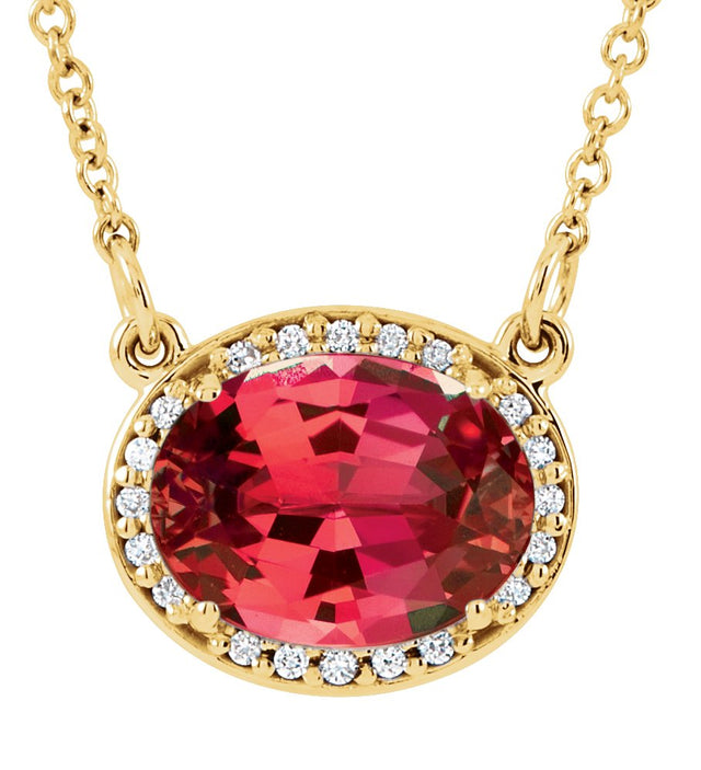 14K Gold Oval Lab-Grown Ruby Halo-Style Necklace - Yellow Gold