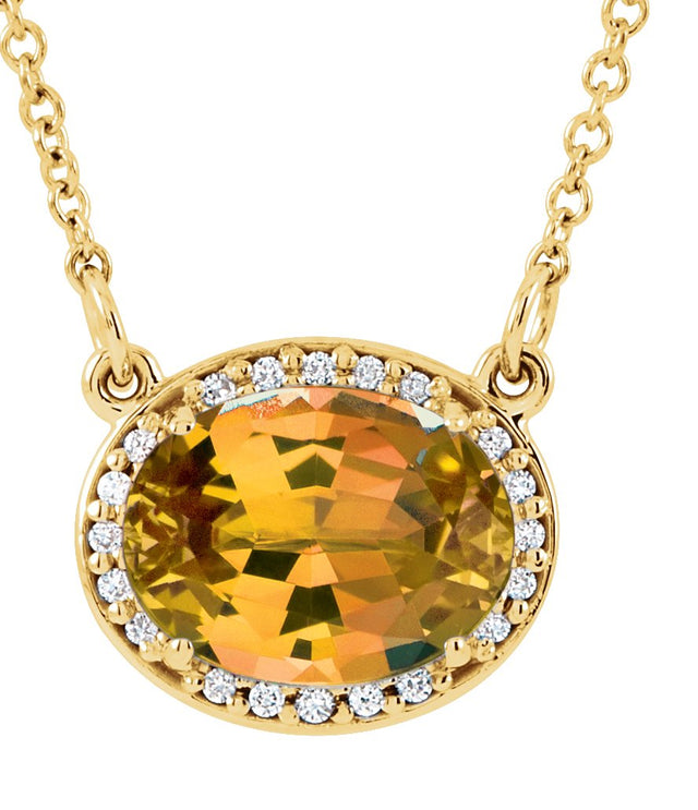 14K Gold Oval Natural Citrine Halo-Style Necklace - Yellow Gold