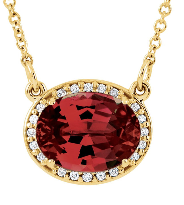 14K Gold Oval Natural Mozambique Garnet Halo-Style Necklace - Yellow Gold