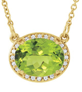 14K Gold Oval Natural Peridot Halo-Style Necklace - Yellow Gold