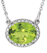 14K Gold Oval Natural Peridot Halo-Style Necklace - White Gold