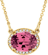14K Gold Oval Natural Pink Tourmaline Halo-Style Necklace - Yellow Gold