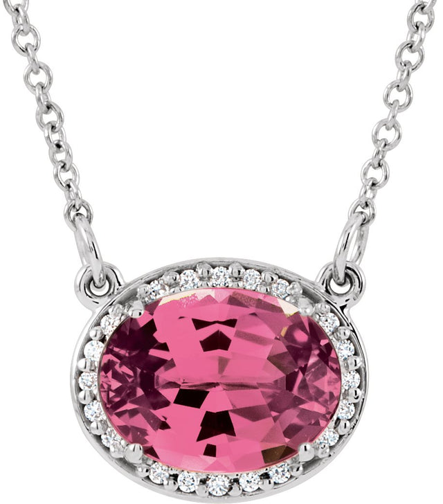 14K Gold Oval Natural Pink Tourmaline Halo-Style Necklace - White Gold