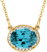 14K Gold Oval Natural Swiss Blue Topaz Halo-Style Necklace - Yellow Gold
