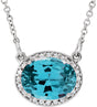 14K Gold Oval Natural Swiss Blue Topaz Halo-Style Necklace - White Gold