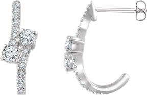 14K Gold Round Natural Diamond Two-Stone J-Hoop Earrings - White Gold