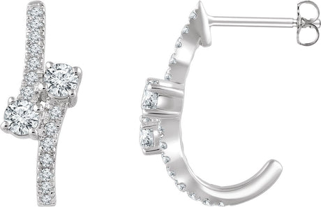 14K Gold Round Natural Diamond Two-Stone J-Hoop Earrings - White Gold