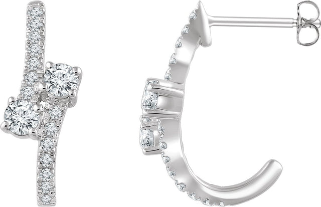 14K Gold Round Natural Diamond Two-Stone J-Hoop Earrings - White Gold