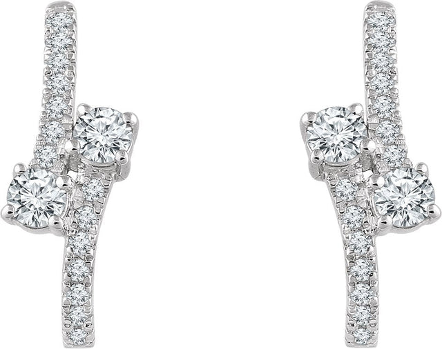 14K Gold Round Natural Diamond Two-Stone J-Hoop Earrings - White Gold - view 2