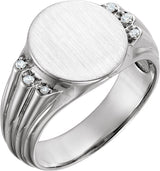 14K Gold Round Natural Diamond Oval Signet Ring III - White Gold