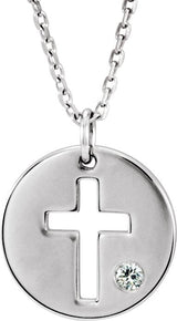 14K Gold Round Natural Diamond Pierced Cross Disc Necklace or Pendant - White Gold