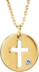 14K Gold Round Natural Diamond Pierced Cross Disc Necklace or Pendant - Yellow Gold