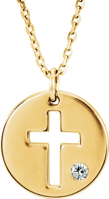 14K Gold Round Natural Diamond Pierced Cross Disc Necklace or Pendant - Yellow Gold