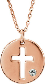 14K Gold Round Natural Diamond Pierced Cross Disc Necklace or Pendant - Rose Gold