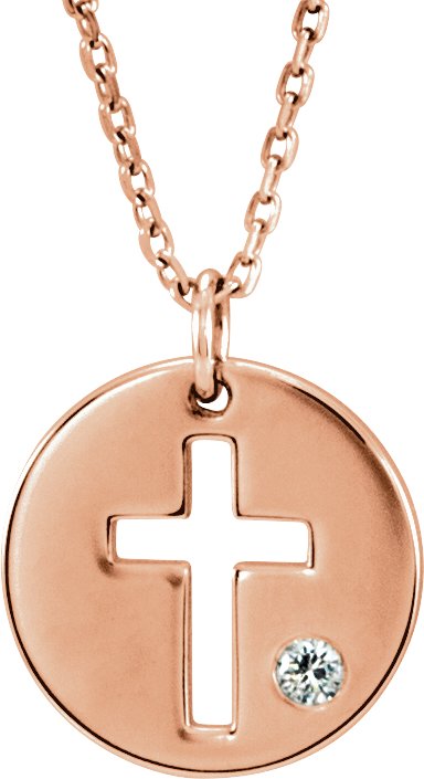 14K Gold Round Natural Diamond Pierced Cross Disc Necklace or Pendant - Rose Gold