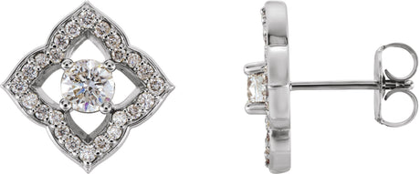 14K Gold Round Natural Diamond Halo-Style Clover Earrings - White Gold