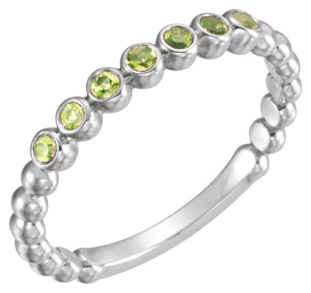 14K Gold Round Natural Peridot Stackable Bead Ring - White Gold