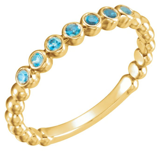 14K Gold Round Natural Blue Zircon Stackable Bead Ring - Yellow Gold