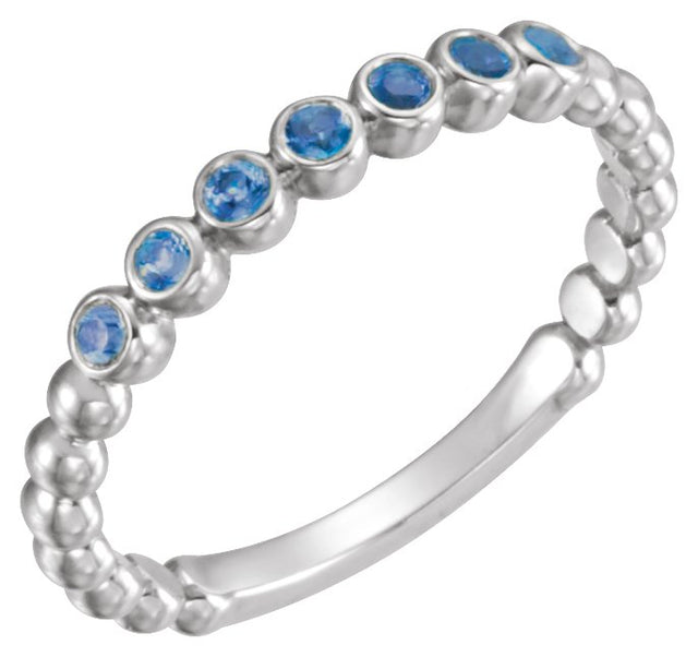 14K Gold Round Natural Blue Sapphire Stackable Bead Ring - White Gold