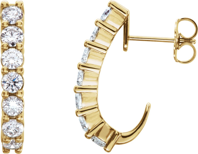 14K Gold Round Natural Diamond J-Hoop Earrings - Yellow Gold