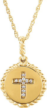 14K Gold Round Natural Diamond Accented Cross Disc Necklace or Pendant - Yellow Gold