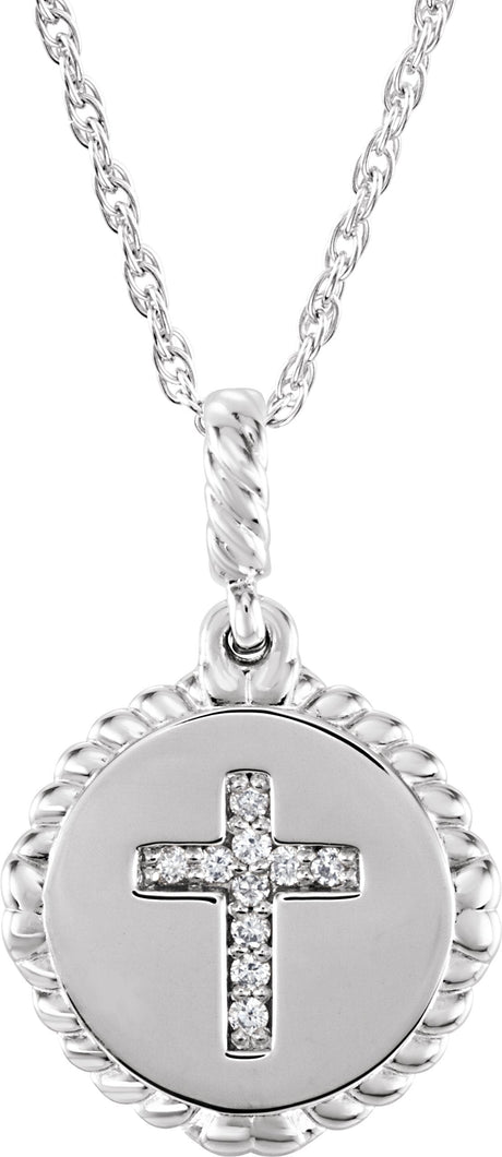 14K Gold Round Natural Diamond Accented Cross Disc Necklace or Pendant - White Gold