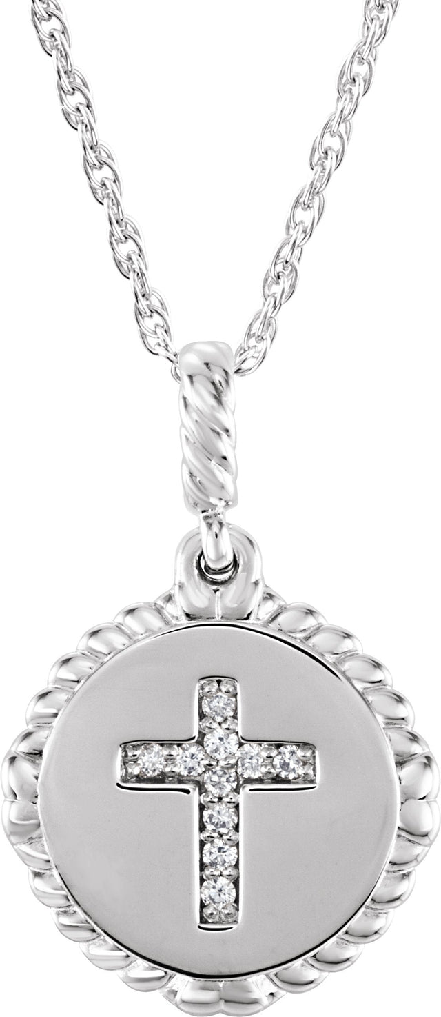 14K Gold Round Natural Diamond Accented Cross Disc Necklace or Pendant - White Gold