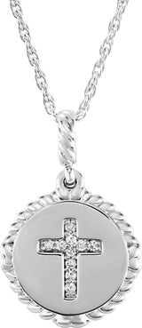 Platinum Round Natural Diamond Accented Cross Disc Necklace or Pendant