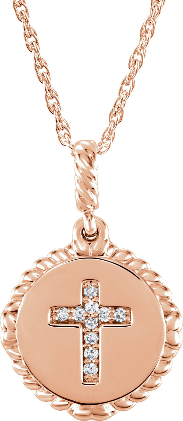 14K Gold Round Natural Diamond Accented Cross Disc Necklace or Pendant - Rose Gold